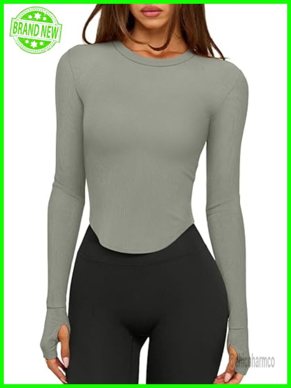 Long Sleeve Crop Top Crew Neck Ribbed Slim Fit Thumbholes Workout Yoga T-Shirt